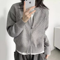 小野七天早秋灰色针织衫上衣开衫女长袖毛衣外套入秋韩系穿搭 均码