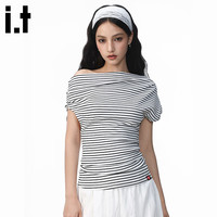 :CHOCOOLATE it黑白条纹斜肩短袖T恤女夏设计感收腰休闲上衣 黑色条纹色 M