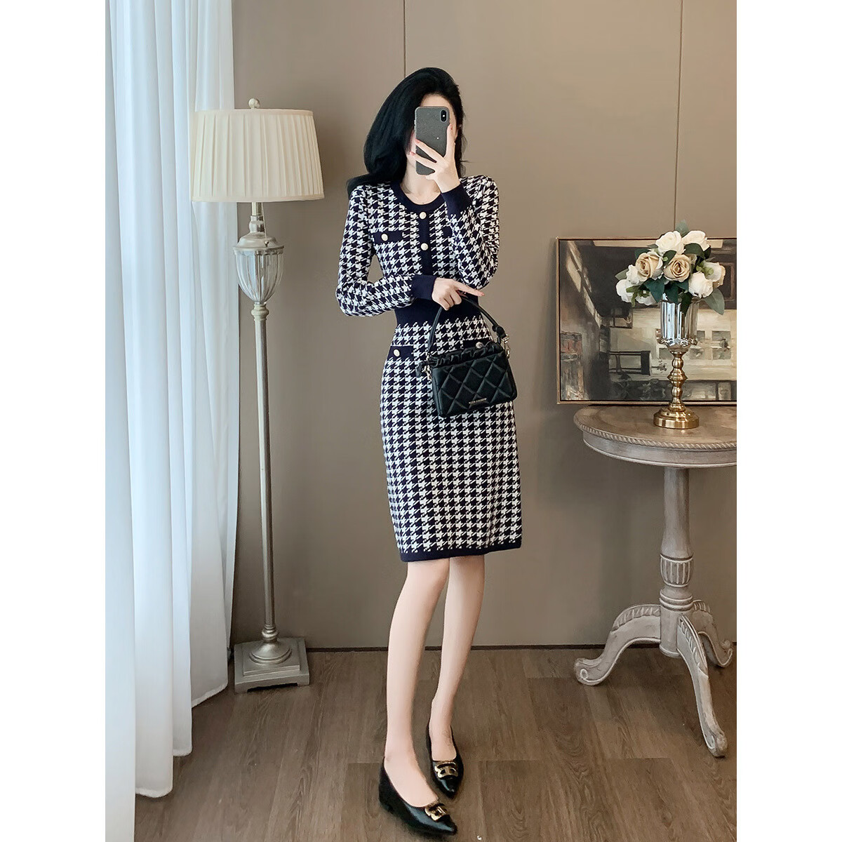 JK&JS小香风套装针织连衣裙女2025秋季新款毛衣裙 藏蓝色