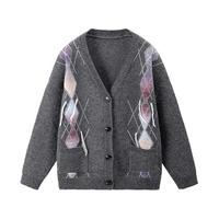 江南先生 美式复古V领菱格纹开衫毛衣男女秋季潮牌针织外套