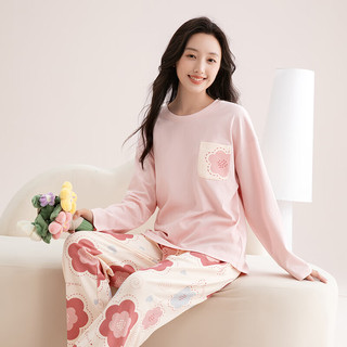 芬腾睡衣女100%纯棉2025秋亲肤圆领长袖花卉休闲家居服套装可外穿 浅粉 M