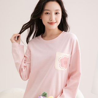 芬腾睡衣女100%纯棉2025秋亲肤圆领长袖花卉休闲家居服套装可外穿 浅粉 M