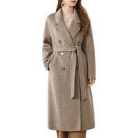 千柏年100%绵羊毛双面呢大衣女秋冬西装领双排扣长款系腰外套摩卡S S （115-130斤）