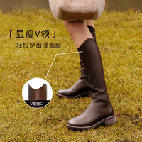 百思图 冬加绒白色骑士靴女小个子棕色高筒长靴MD101DG3 棕色 39