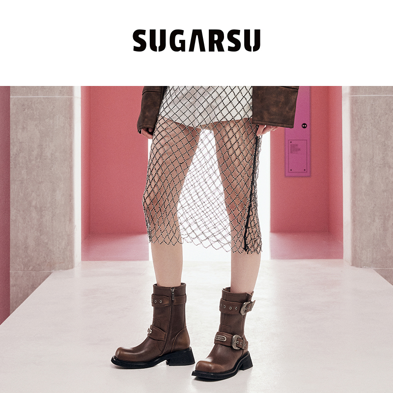 白鹿赵今麦同款|SugarSu酥履秋冬牛皮美拉德时装高跟骑士短靴女