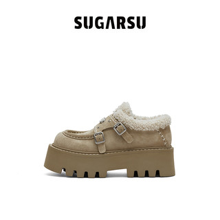 田曦薇同款|SugarSu酥履秋松糕厚底增高休闲单鞋复古雪地靴女 卡其色 37