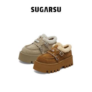 田曦薇同款|SugarSu酥履秋松糕厚底增高休闲单鞋复古雪地靴女 卡其色 37