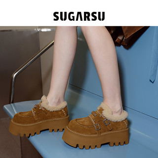 田曦薇同款|SugarSu酥履秋松糕厚底增高休闲单鞋复古雪地靴女 卡其色 37