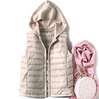 确不凡女士超薄羽绒马甲内胆2022秋冬配大衣的内搭服背心带帽短款超轻薄 米白色 XL