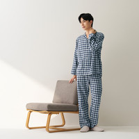 移动端、京东百亿补贴：MUJI 無印良品 男士无侧缝 双层纱织睡衣 软棉棉内衣 藏青色格纹 L