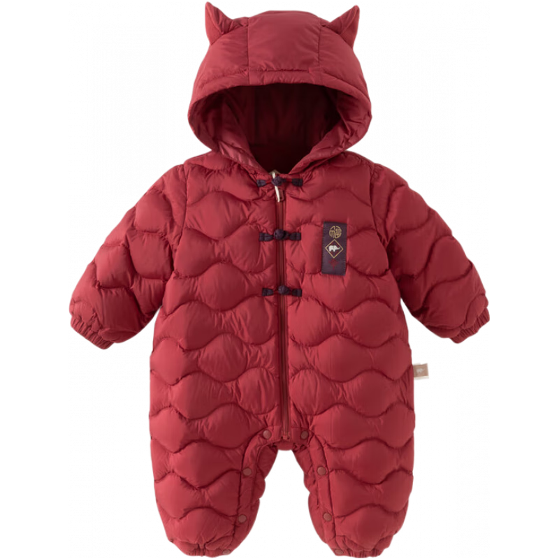 戴维贝拉（DAVE＆BELLA）新生儿羽绒爬服2025冬季防泼水男宝宝连体衣国风小童保暖衣服 暗红色 100cm 【充绒量94g】