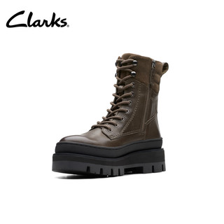 Clarks其乐Orianna2 Hike女鞋冬季马丁靴工装高帮鞋厚底牛皮女靴 深绿色 261740624 37.5