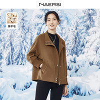 娜尔思（NAERSI）旷野美拉德羊毛落肩截短毛呢大衣女秋冬呢子短外套 浅黄色 2XL