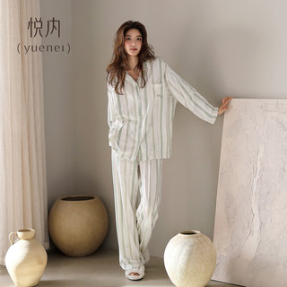 悦内睡衣女士春秋款秋季长袖纯棉家居服春装高级感国风休闲可外穿出门 22527茶竹白
