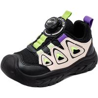 回力童鞋儿童软底旋钮扣鞋2024秋季男童透气运动鞋女童轻便休闲鞋 黑米绿 26码 内长约16.8cm