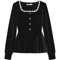 她池蕾丝边衬衫2025秋装女装法式优雅方领修身丝绒衬衣 L