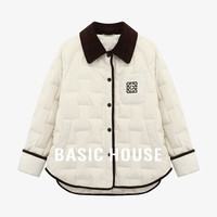 Basic House/百家好纯色翻领气质感冬季轻薄纽扣长袖羽绒服女 米色 L