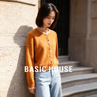 Basic House/百家好复古风彩色纽扣圆领针织开衫女温柔秋冬毛衣 橘色 S