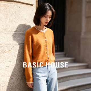 Basic House/百家好复古风彩色纽扣圆领针织开衫女温柔秋冬毛衣 橘色 S