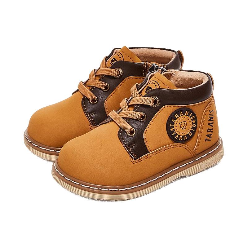 泰兰尼斯宝宝靴子秋季童鞋防滑软底马丁靴儿童靴子拉链小黄靴