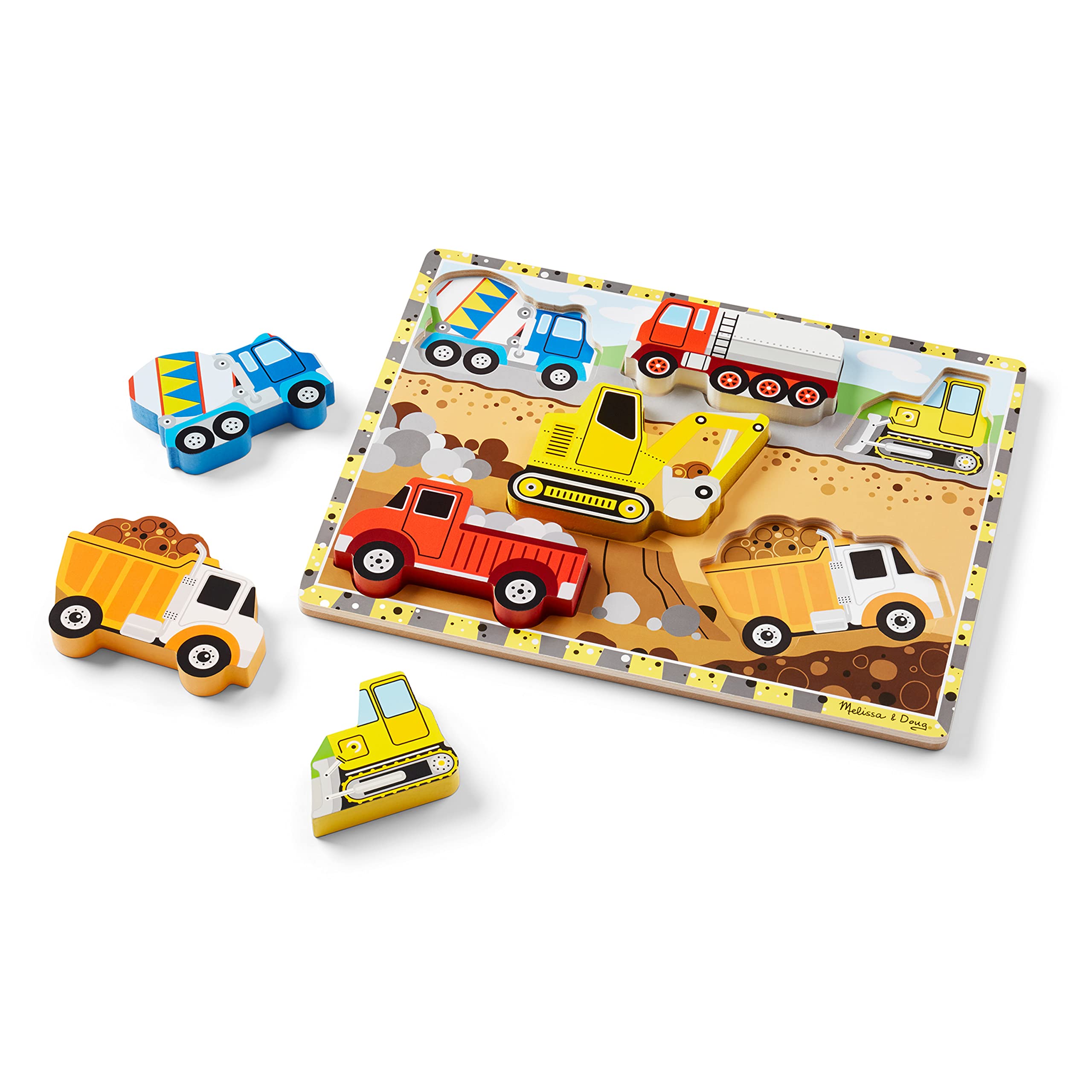 MELISSA & DOUG 儿童木制工程车拼图 6片 宝丽木益智玩具 手眼协调
