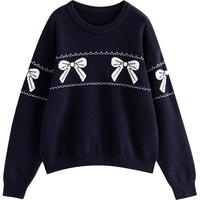 初语毛衣女2025冬季蝴蝶结提花复古减龄圆领微宽松保暖上衣 藏青色 S