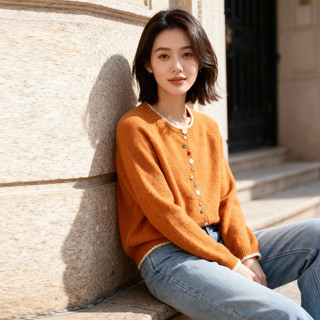 Basic House/百家好复古风彩色纽扣圆领针织开衫女温柔秋冬毛衣 橘色 S