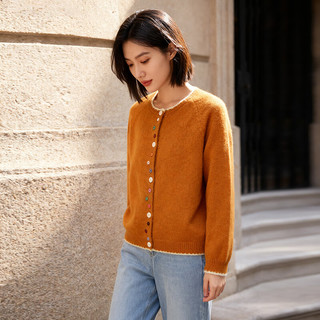 Basic House/百家好复古风彩色纽扣圆领针织开衫女温柔秋冬毛衣 橘色 S