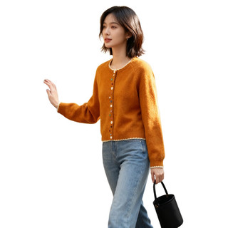 Basic House/百家好复古风彩色纽扣圆领针织开衫女温柔秋冬毛衣 橘色 S