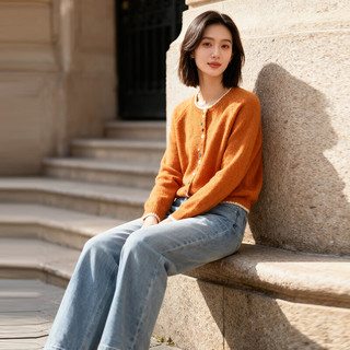 Basic House/百家好复古风彩色纽扣圆领针织开衫女温柔秋冬毛衣 橘色 S