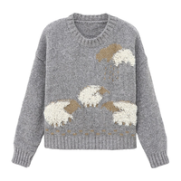 Basic House/百家好慵懒风刺绣套头毛衣小个子秋冬圆领上衣女 灰色 S