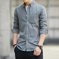 法曼斯 秋季男式翻领纯色休闲修身柔软舒适透气长袖衬衫衬衣滑