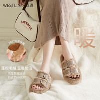 西遇厚底毛毛鞋女秋冬外穿高级感毛茸茸一字拖鞋棉鞋 米白色 35