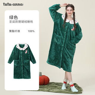 tutuanna秋冬珊瑚绒女士睡衣公主风羊羔绒加绒加厚家居服睡袍套装 深绿色 圣诞风睡袍 M 160/84A  (适合身高155-170c体
