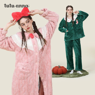 tutuanna秋冬珊瑚绒女士睡衣公主风羊羔绒加绒加厚家居服睡袍套装 深绿色 圣诞风睡袍 M 160/84A  (适合身高155-170c体