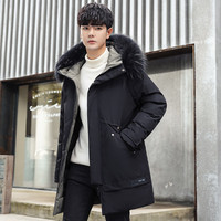 雅鹿羽绒服男2025冬季中长款貉子毛领保暖加厚时尚冬季外套 黑色 3XL (190)