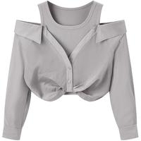 太平鸟 长袖拼接上衣秋季女士莱赛尔设计感短款显瘦上装