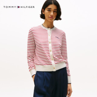Tommy25秋冬女装纯棉条纹修身针织背心/镶边圆领针织开衫外套 【圆领开衫】红白条纹04Z XS