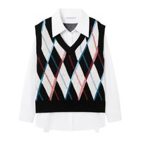 森马长袖衬衫女冬季菱形格V领短背心易打理衬衣俏皮学院风两件套