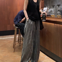 1 港式复古黑白格纹胖mm休闲裤女秋季新款宽松遮胯藏头阔腿拖地长裤