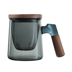 pinztea 青山隐茶水分离杯木柄泡茶杯水杯玻璃杯带过滤内胆茶漏办公室居家家用耐热玻璃 青灰色420mL