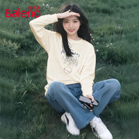 班尼路纯棉长袖t恤女装春秋宽松休闲女生上衣服百搭潮流内搭打底衫3 杏#BL蓝棕涂鸦花 M