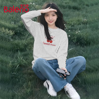 班尼路纯棉长袖t恤女装春秋宽松休闲女生上衣服百搭潮流内搭打底衫3 麻灰#BL蝴蝶结红樱桃 2XL