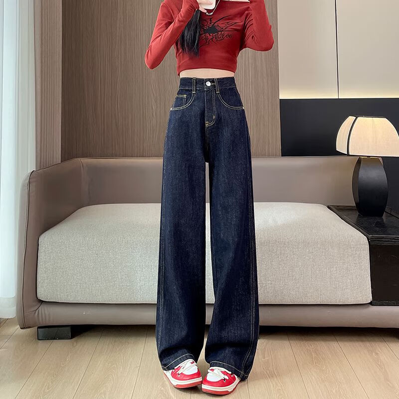 AEMAPE丹宁深蓝色加薄绒阔腿牛仔裤女2025秋冬时尚高腰显瘦宽松休闲裤子 深蓝色长裤