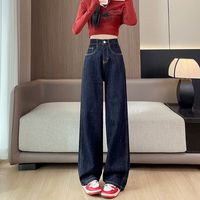 AEMAPE丹宁深蓝色加薄绒阔腿牛仔裤女2025秋冬时尚高腰显瘦宽松休闲裤子 深蓝色长裤