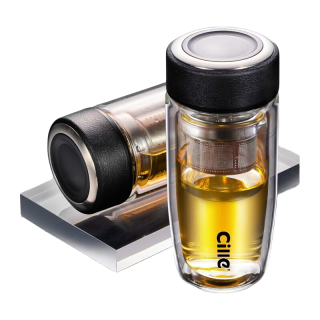 希乐 玻璃茶杯 双层玻璃水杯 400ML 黑色DS-517-H