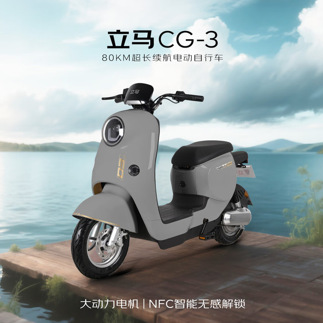 移动端、京东百亿补贴：立马电动车 立马电动自行车80公里长续航电动车CG-3锂电池48V24Ah新国标电瓶车免驾照骑行上班代步小电驴海岸灰