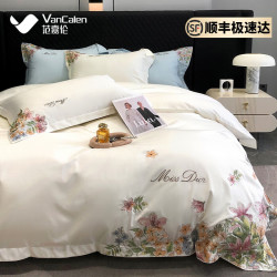 范嘉伦 VanCalen 100支全工艺新疆长绒棉纯棉刺绣花卉四件套被套轻奢高端 皓月白 1.5米 床单款