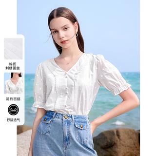 百图 【V领刺绣衬衫】夏款法式刺绣棉质蕾丝V领灯笼短袖衬衫女