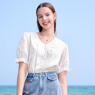 百图 【V领刺绣衬衫】夏款法式刺绣棉质蕾丝V领灯笼短袖衬衫女